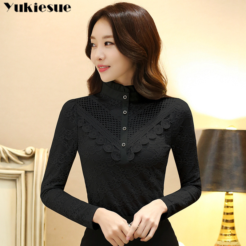 Casual winter Autumn High Collar ruffless Lace Blouses Women Ladies Tops Lace Women Blouses Long Sleeve Shirt plus size 3XL 210401