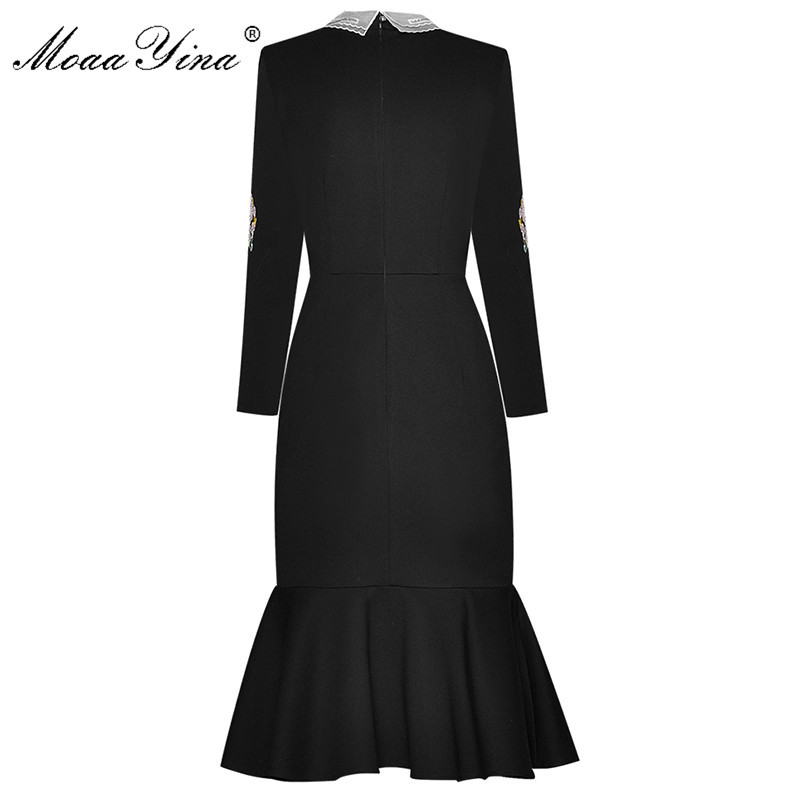 Autumn Women Dress Beaded turn-down collar Rose Embroidery drilling Black Slim Package hip Elegant Mermaid Dresses 210524