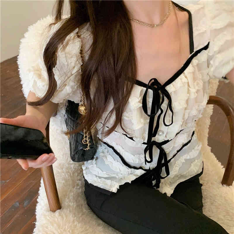 Neploe Korean Chiffon Shirt Women Contrast Color Patchwork Blusas Mujer Puff Sleeve Square Collar Blouses Summer Bow Chic Tops 210422