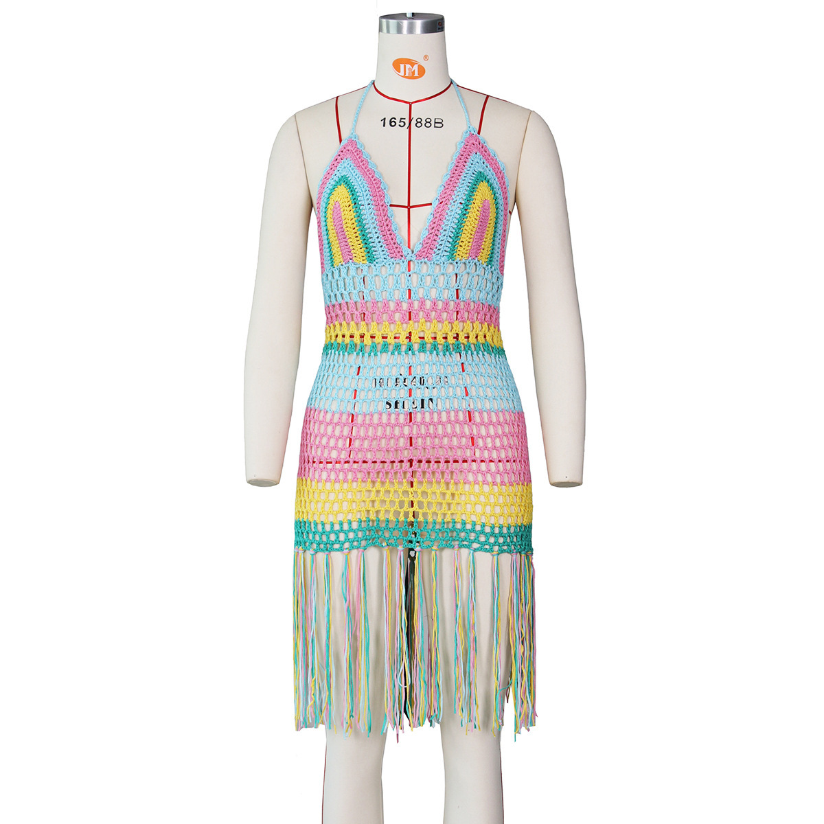 Sexy Fringed Bikini Cover-ups Handmade Crochet Rainbow Backless Summer Dress Tunic Women Swim Suit Cover up A374 210420
