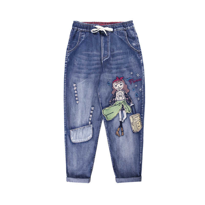 9168 Women Summer Fashion Cartoon Patchwork Elastic Waist Vintage Denim Jeans Office Lady Large Loose Harem Ankle Length Pants 210922