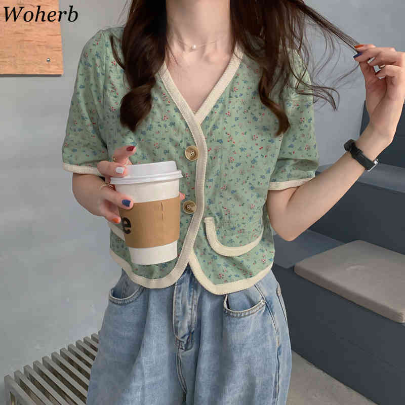 Summer Blouses Women Crop Tops Korean V Neck Loose Floral Short Puff Sleeve Shirts Fashion Temperament Outwear Jacket 210519