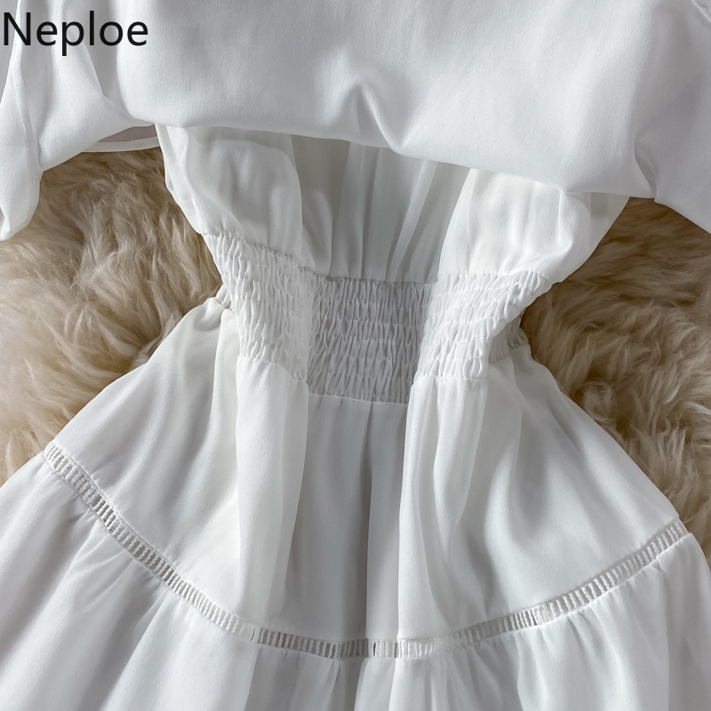 Neploe Sweet Dresses Summer Ladies Vestidos V Neck Hollow Out Ruffles Maxi Robe Elegant High-waist A-line Chiffon Dress 210422