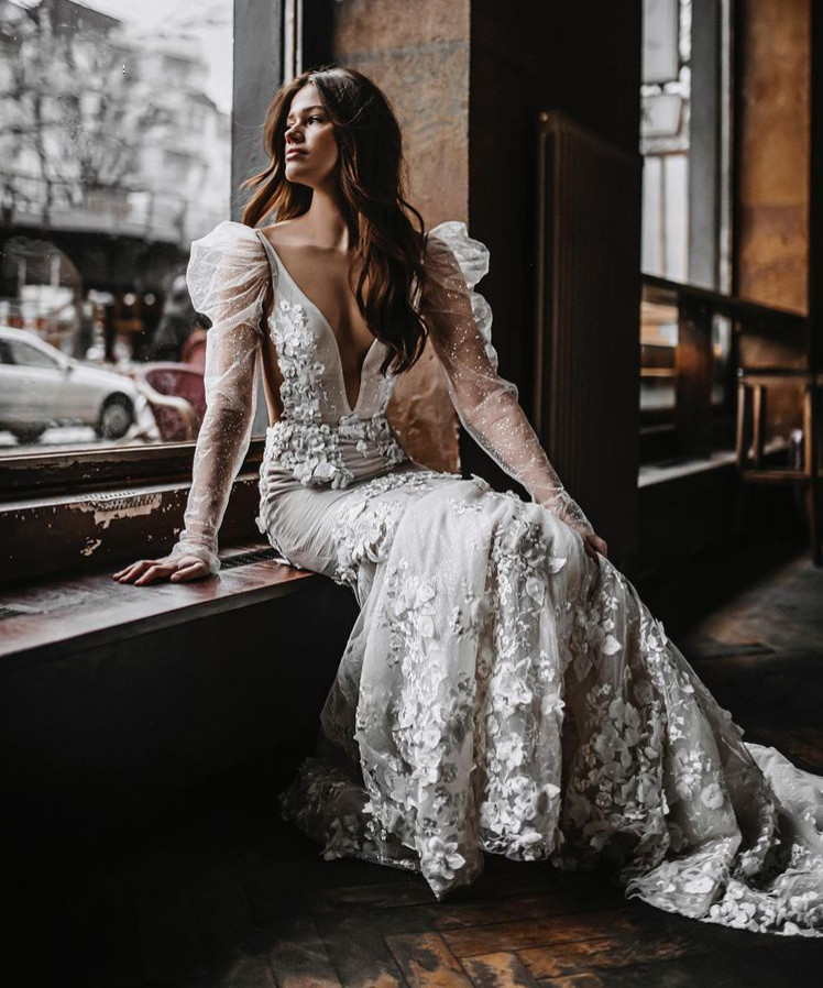 Floral Lace Mermaid Wedding Dresses 2022 berta Illusion long Sleeve Boho Country backless fishtail Bridal Gowns spring trading co