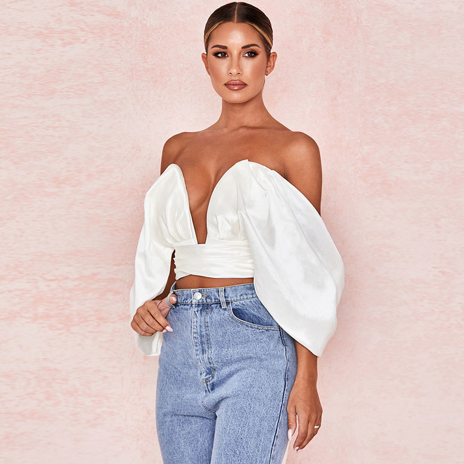 Free Women's Satin Shirt White Sexy Strapless V-neck Card Shoulder Open Back Lace-Up Top Club Party 210524