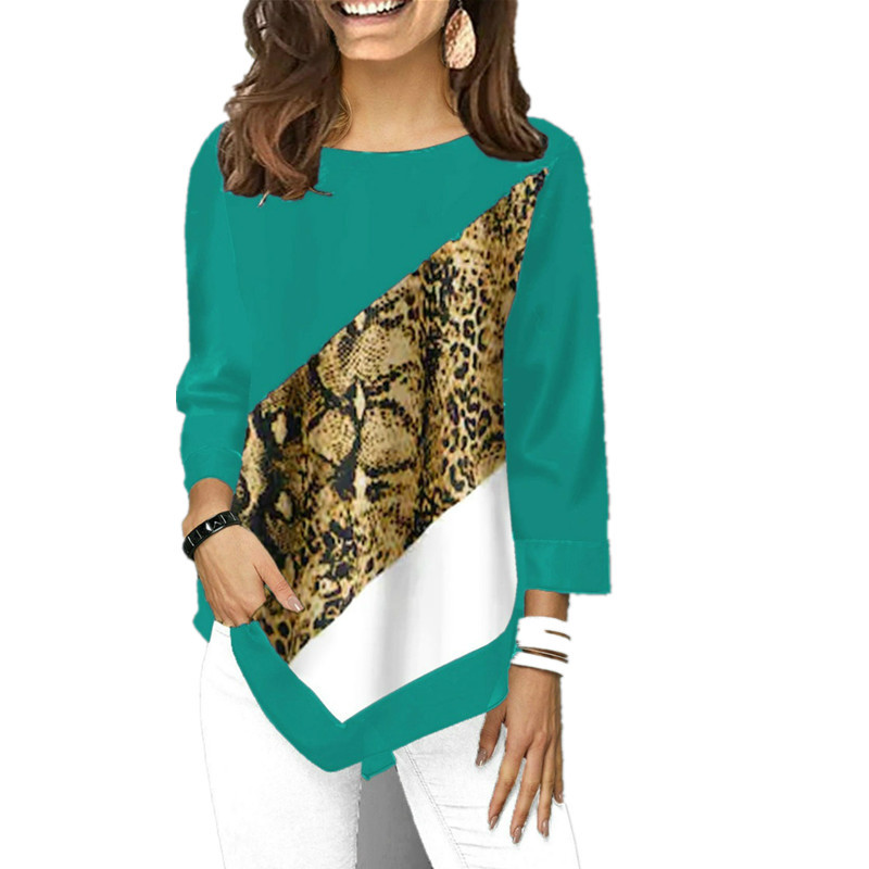 Women's T Shirt Spring Autumn Printed Stitching Long Sleeve T Shirt Ladies Casual Round Neck Plus Size Tops XS-5XL 210406