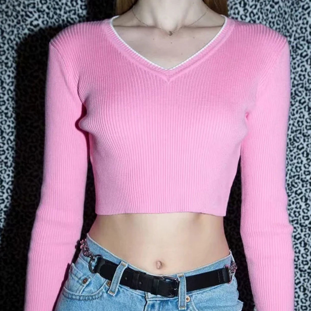 Women Sexy V Neck Crop Sweaters Autumn Casual Hit Color Long Sleeve Knitted Pullover Elegant Jumpers 210428