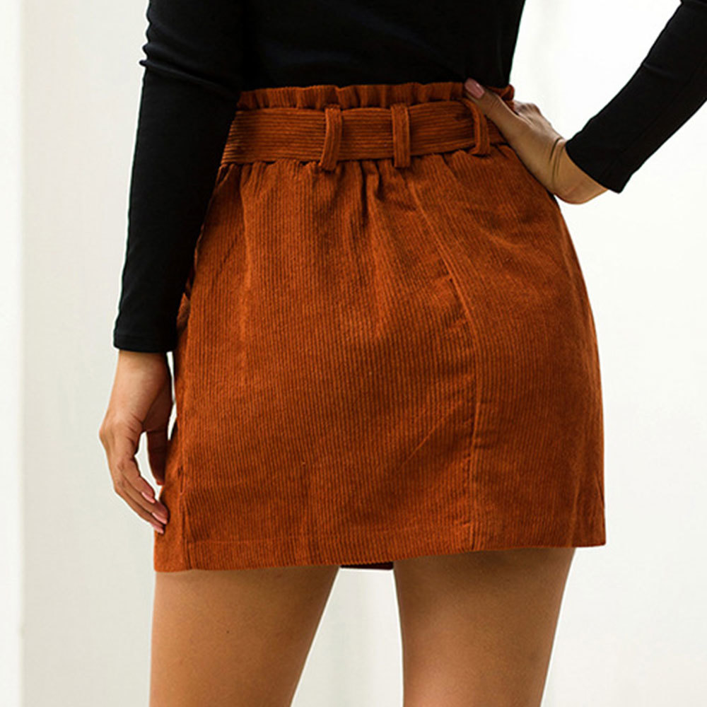 Women Winter Spring Vintage Corduroy Button Skirt Casual High Waist Harajuku Solid a Line Mini with Sashes 210428