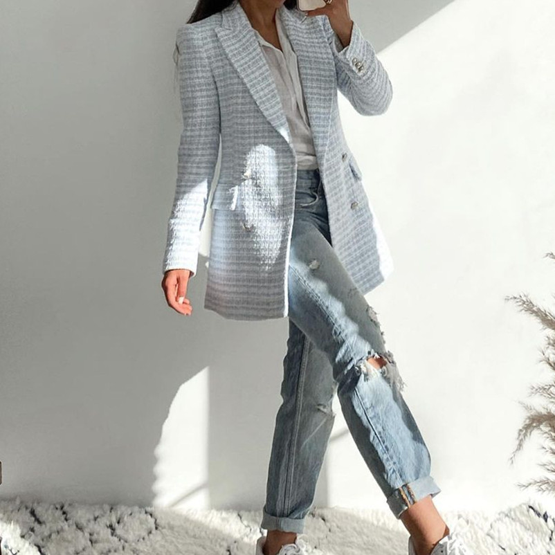 Fashion Casual Double Breasted Tweed Women Blazer Coat Long Spring Autumn Jackets Coats Female Chic Office Lady Tops 210521