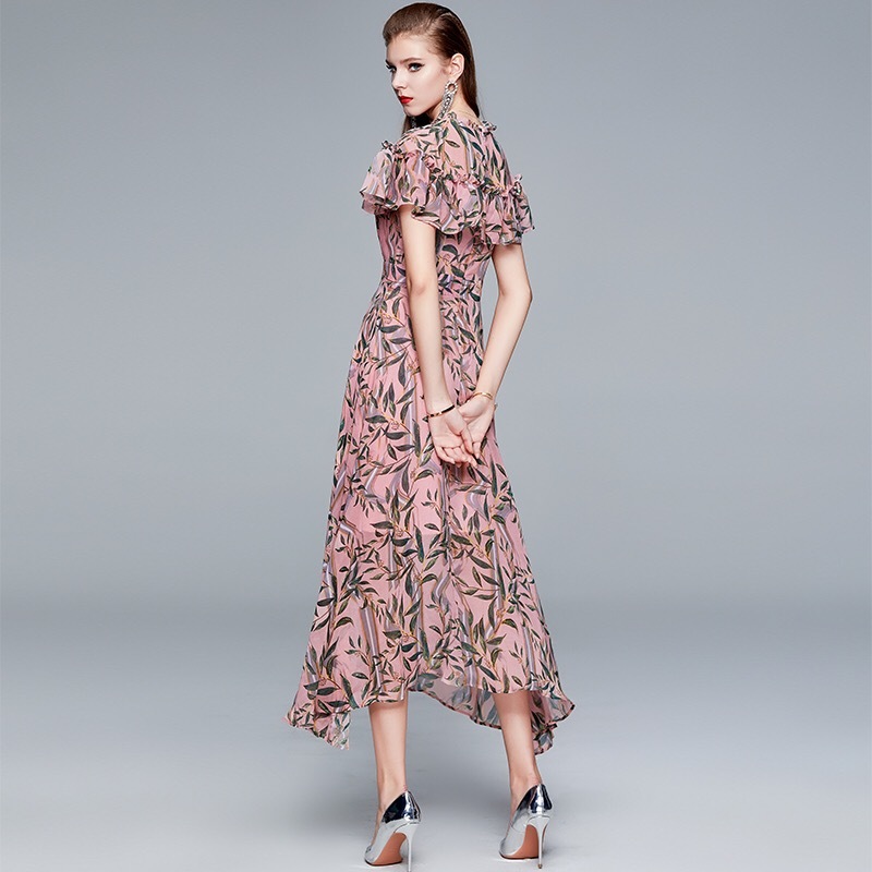 spring summer floral printed maxi dress for women ruffles chiffon o-neck casual daily dresses vestidos plus size 2xl 210421