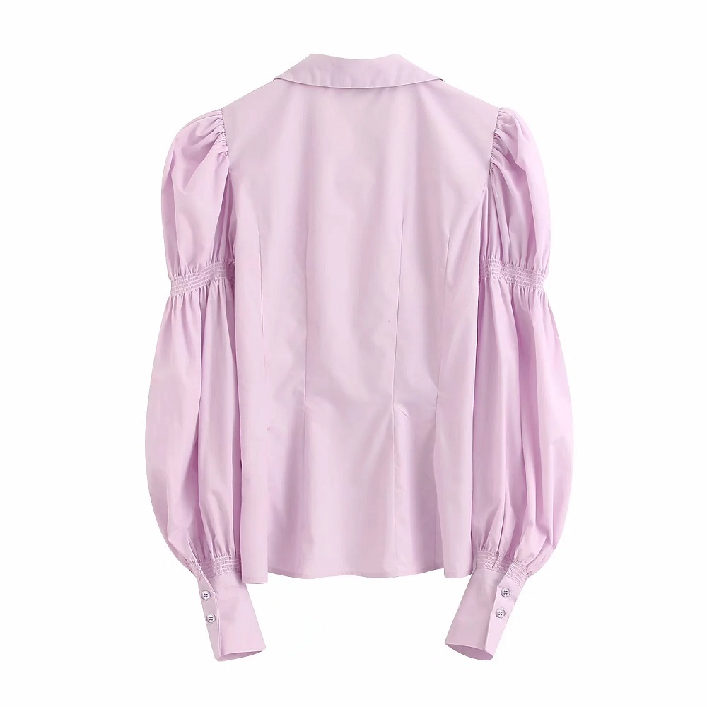 Stylish Chic Light Purple Ruched Sleeve Poplin Blouses Women Fashion Turn-down Collar Tops Elegant Ladies Buttons Shirts 210520