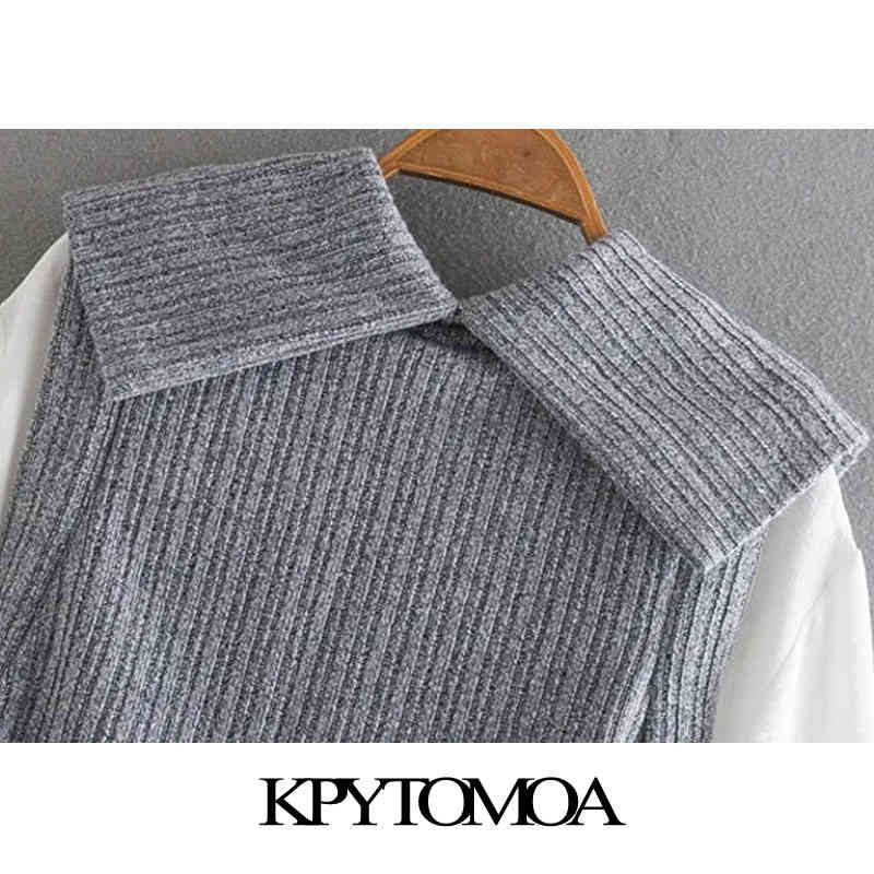 KPYTOMOA Women Fashion With Bow Tied Patchwork Loose Blouses Vintage Long Sleeve Elastic Trim Female Shirts Chic Tops 210401