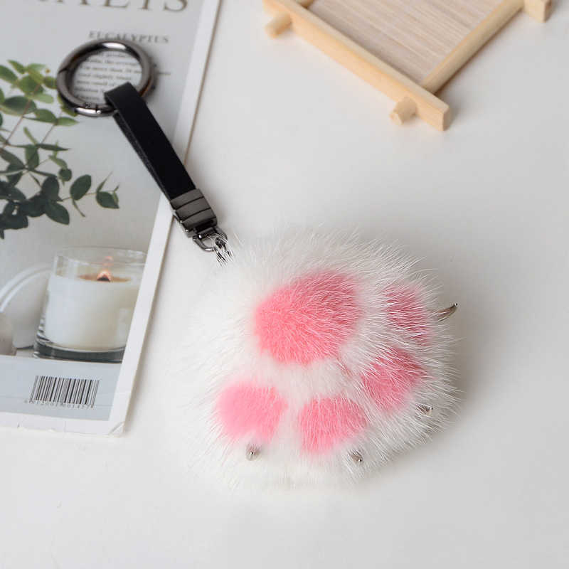 Women Creative Real Mink Fur Cat Paw Keychain Cute Bag Charm Ornaments Soft Pompom Plush Cute Bear Claw Key Ring Car Key Pendant H