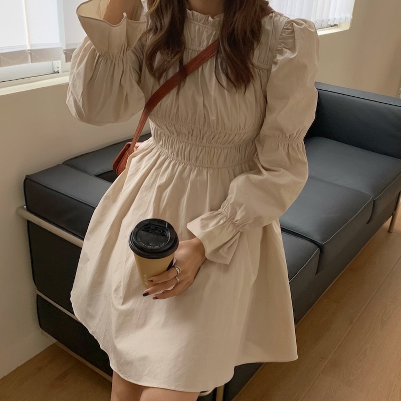 Korean Style Puff Long Sleeve Women Dress Elegant Slim Fit Pleated Vestidos Office Lady Solid High Waist Mini Dresses 210422Z