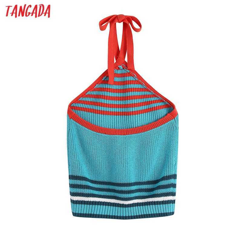 Tangada Women Striped Patterh Hatler Cropped Tanks Top Sleeveless Backless Female Knit Tops BE954 210609
