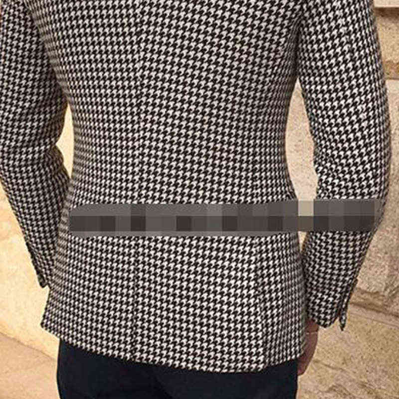 Houndstooth Plaid Casual Blazer for Men Suit Jacket with 2 Side Slit Slim Fit Male Coat Fashion Clothes Arrival 211111