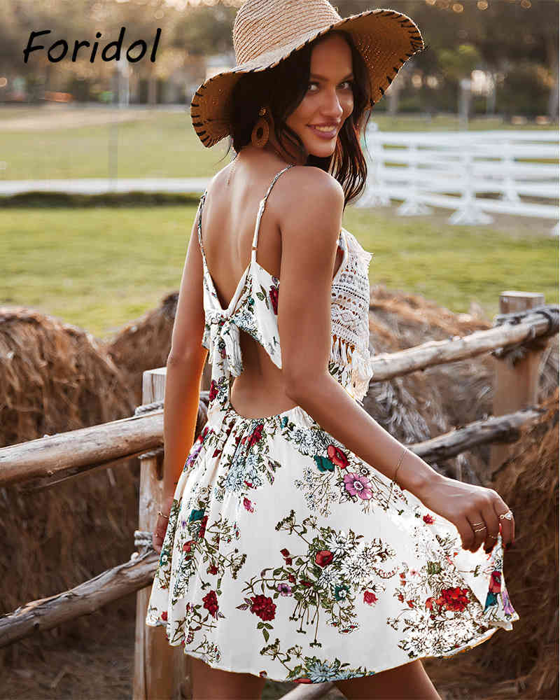 Casual Women Floral Print Summer Dress Backless Crochet White Beach Boho Dress Elegant Chic Mini Dress Vestidos De Mujer 210415