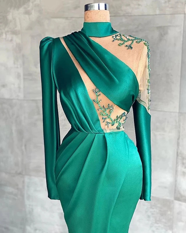 Long Sleeve High Neck Mermaid prom dresses wear Front Slit Dubai Women Green lace Satin Long Evening Dresses 2021