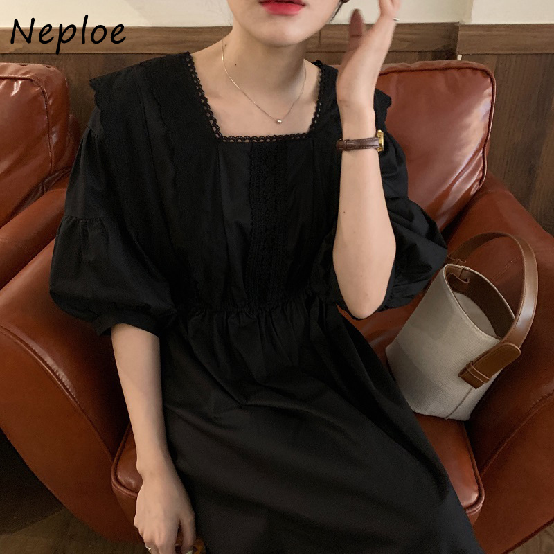 Court Style Lace Hook Flower Dress Women High Waist Hip A Line Long Vestidos Square Collar Sleeve Robe Spring 210422