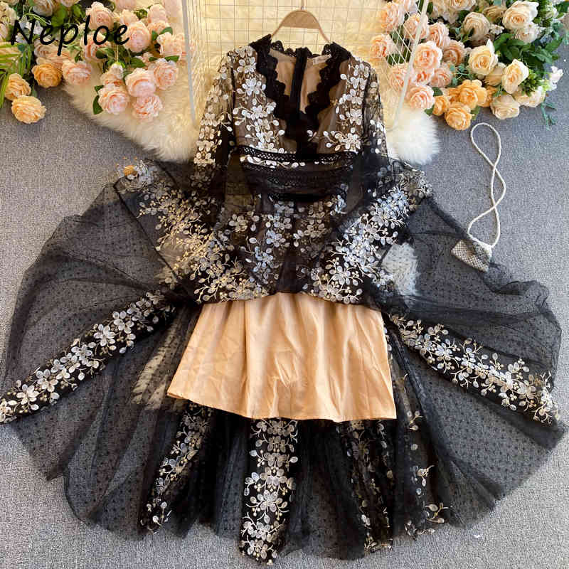 Neploe Heavy Work Flower Embroidery Party Dress Women High Waist Hip A Line Long Slim Vestidos V Neck Long Sleeve Robe Spring 210422