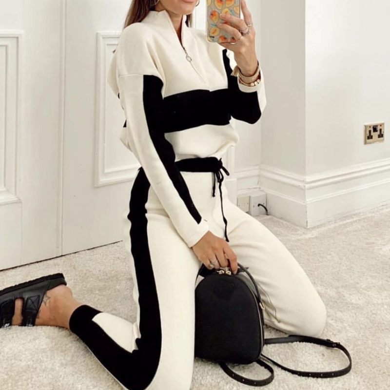 Two Piece Set Women Stitching Printed Casual Set Women Long Sleeve Zipper Tops Elastic Waist Soft Home Suit Women Clothing 210515