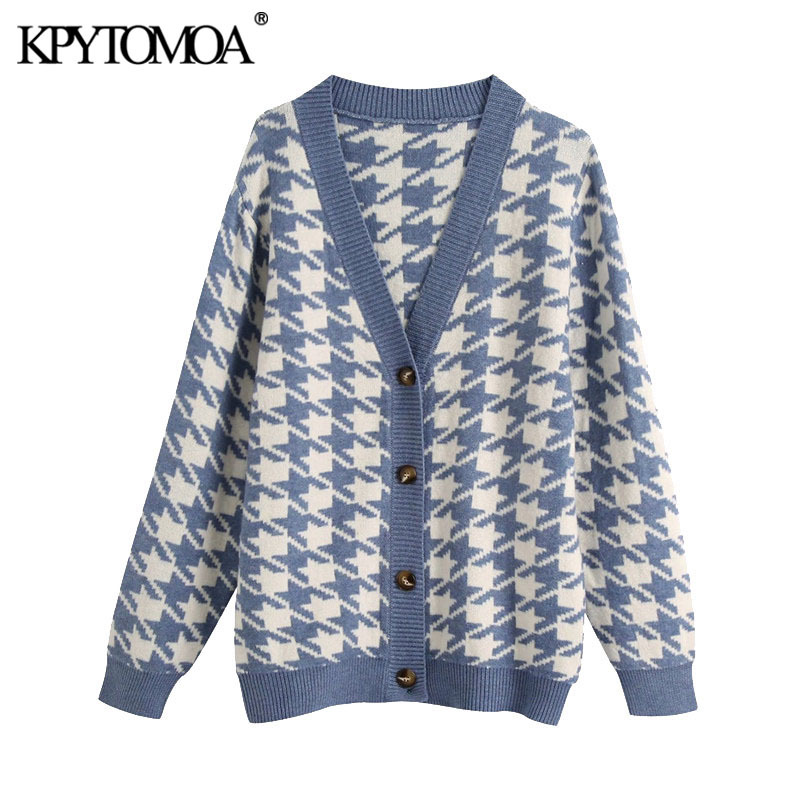 Women Fashion Oversized Houndstooth Knitted Cardigan Sweater V Neck Long Sleeve Female Outerwear Chic Tops 210420