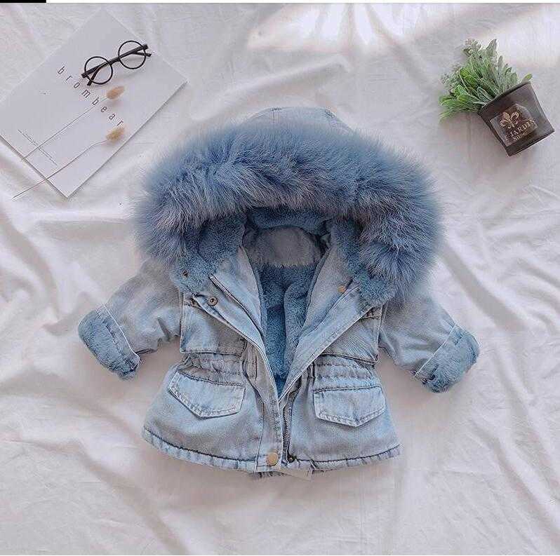 New Arrivals Girls Winter jacket Thicken Coats Children Denim Hooded Coat Kids Fur Collar Cotton Baby Girl Outwear clothing long