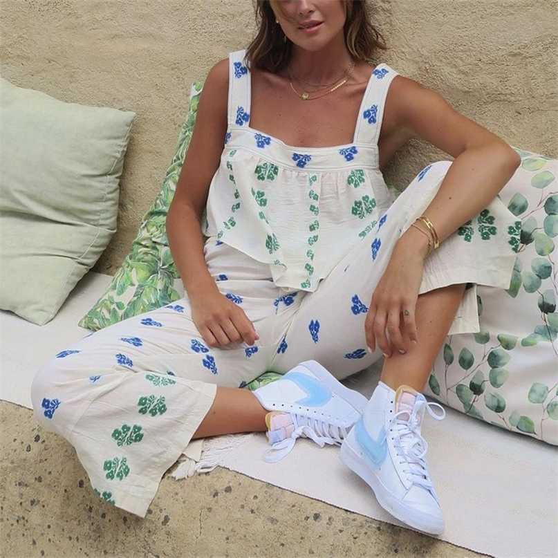 XEASY Women Summer Two-Piece Set Vintage Floral Elastic Tank Top Sleeveless Slim Cute Girl High Waist Pants 211105
