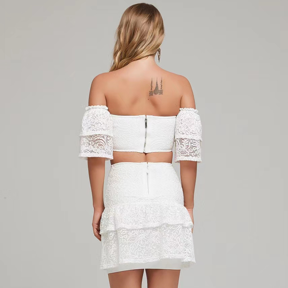 Summer Women White Lace Bandage 2 Two Pieces Sets Off Shoulder Short Sleeve Tops& Mini Skirt Club Celebrity Party 210423