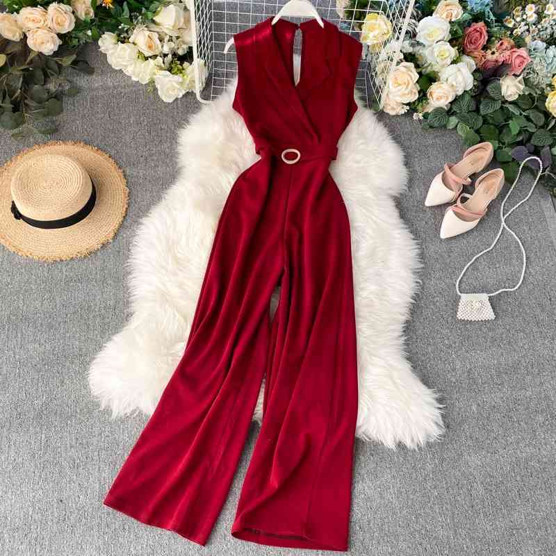 Women Notched Sleeveless Hollow High Waist Wide Leg Jumpsuits Lady Solid Color Overalls K508 210527