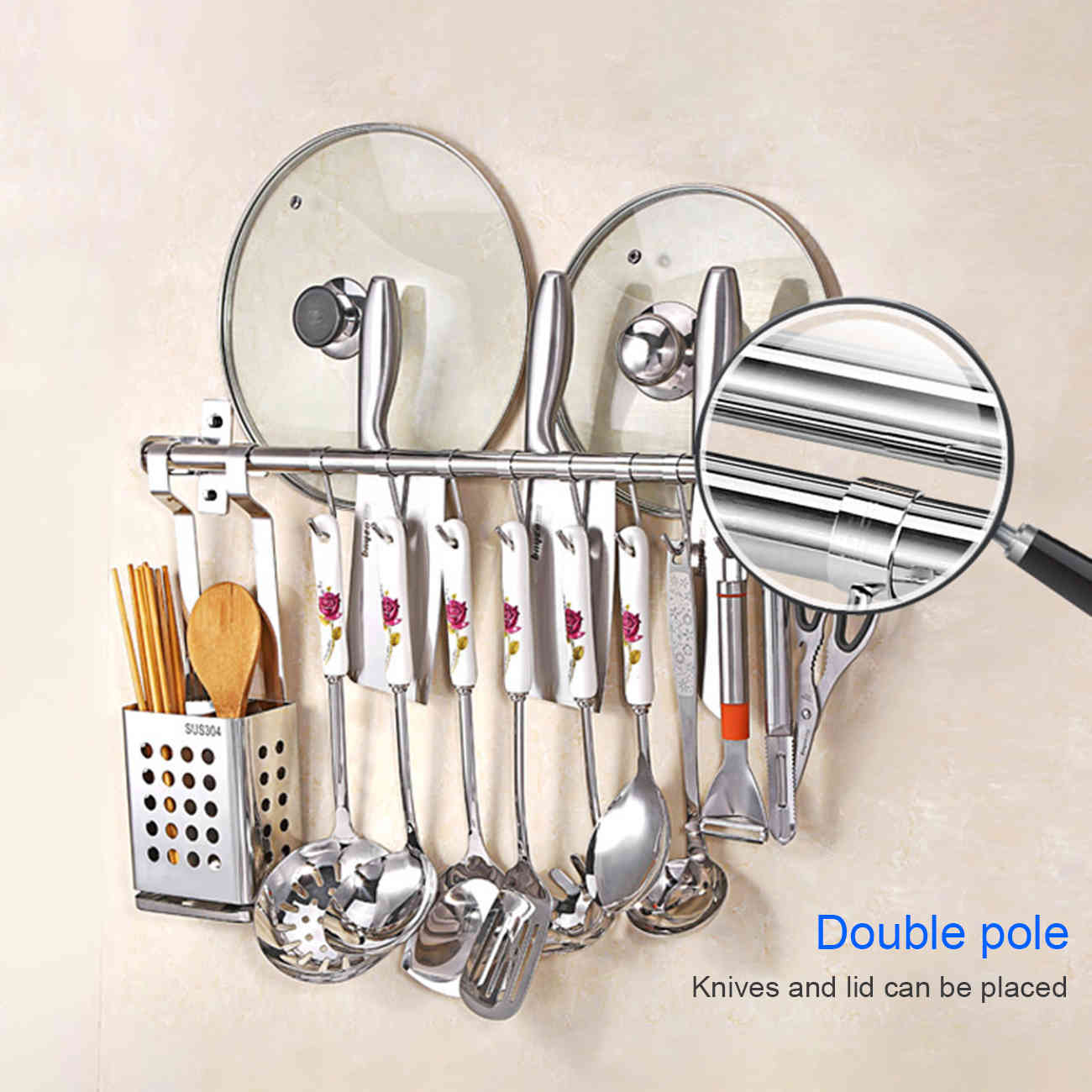 Stainless Steel Kitchen Storage Rack Wall Mounted Pan Pot Racks Kitchen Utensils Hanger Organizer Rail Rack Home Storage Hooks