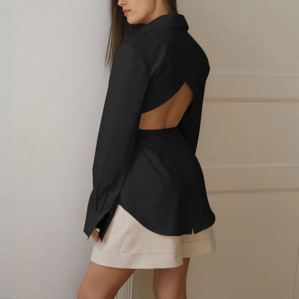 Free Blouse Women Long Sleeve Hollow Out Lace up Shirts Casual Fashion Sexy Turn-down Collar Front Button Solid Top 210524
