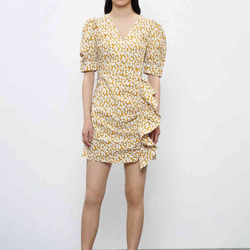 beauty Fashion Casual Chic Chrysanthemum Print Midi Dress Women Holiday Ruffles V-neck Cotton Summer Ladies Dresses 210514