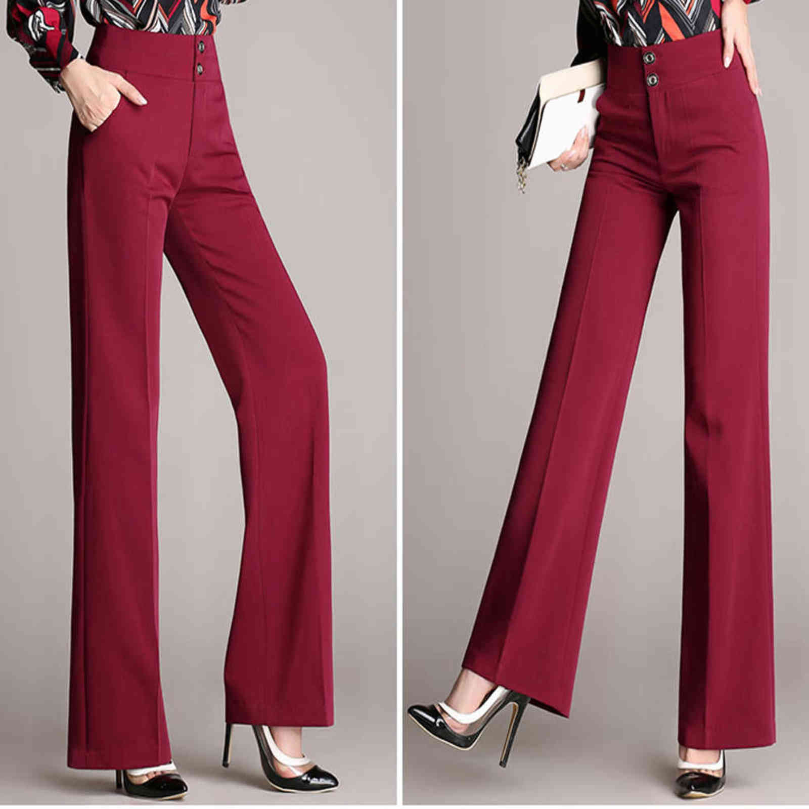Arrivel Women High Waist Long Trousers Vintage Wide Leg Pants Elegant Office Lady Straight Black Navy Suit 211124
