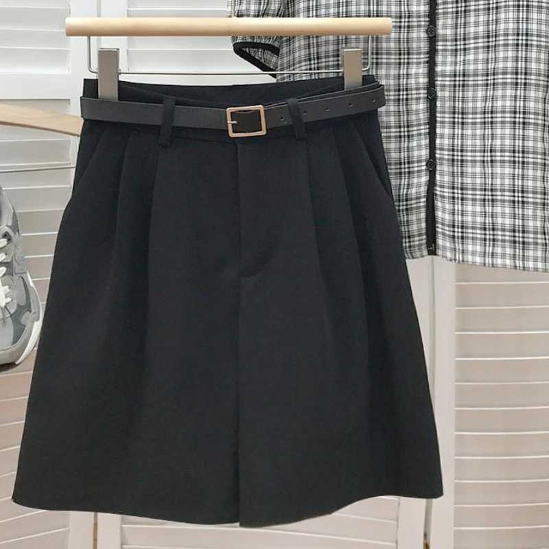 Summer Suit Shorts for Women Korean Belt High Waist Bottoms Causal Solid Wide Leg Short Feminimos 6J050 210603