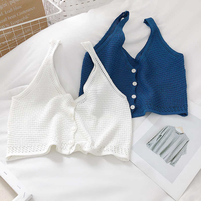 LY VAREY LIN Summer Japanese Style Casual V-neck Single Breasted Sleeveless Knitted Crop Tops Women Strap Tank 210526