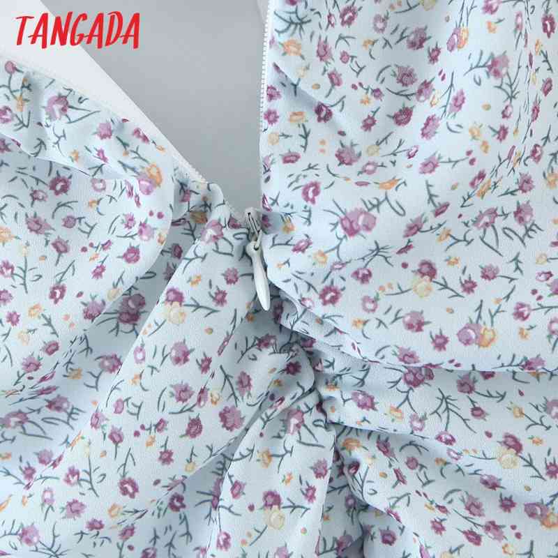 Summer Women Blue Floral Chiffon Bow Short Sleeve Ladies Mini Dress Vestidos DZ13 210416
