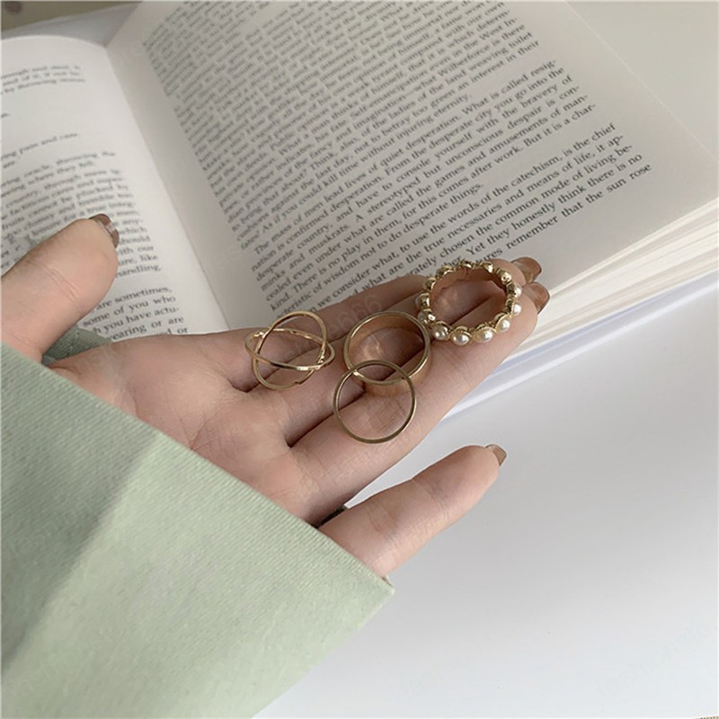Korean Ring 4pcs/set For Women Opening Ring Set Metal Adjustable Geometry Female Simple Creative Finger Rings Party Jewelry