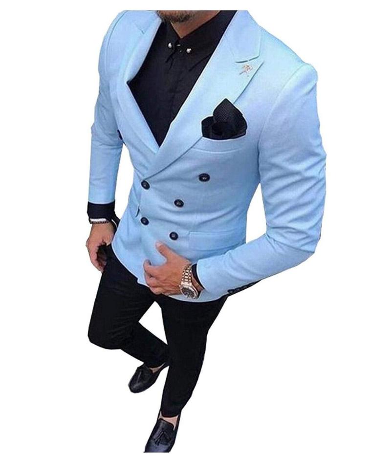 Tailored Men Coat Pant Casual Double Breasted Slim Fit Suit Sky Blue Tuxedo Groom Blazer Wedding Terno Masculino Men's Suits & Blazers, As picture 
Tailored Men Coat Pant Casual Double Breasted Slim Fit Suit Sky Blue Tuxedo Groom Blazer Wedding Terno Masculino Men's Suits & Blazers, As picture