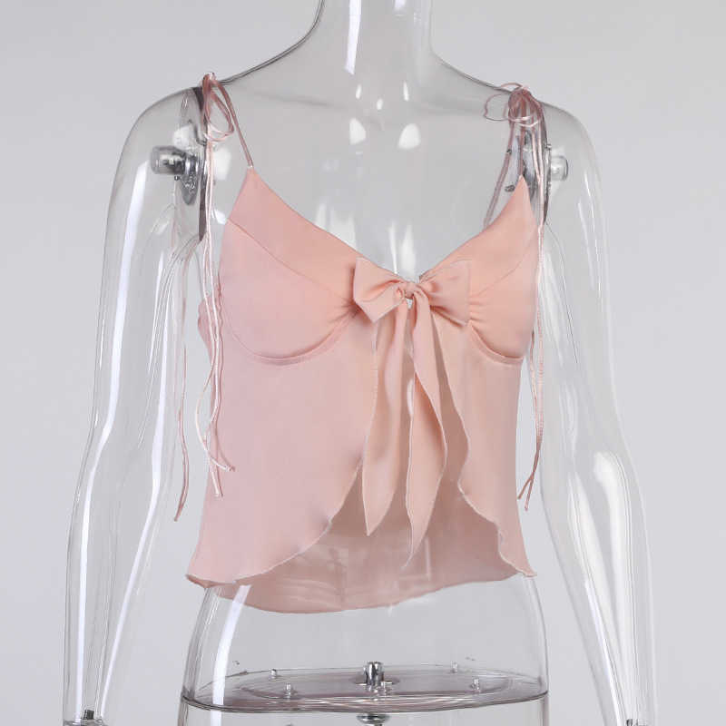 Colysmo Pink Satin Cami Bow Lace up Slim Fit Solid Color Crop Tank Top Women Casual Streetwear Summer Sexy Party Club Corset 210527