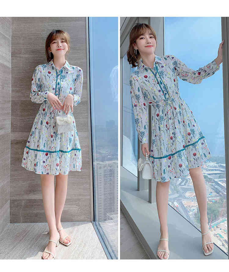 Spring Elegant Women High Waist A Line Dress Vestidos Vintage Fashion Flowers Turn Down Collar Long Sleeve Chiffon Party Dress 210518