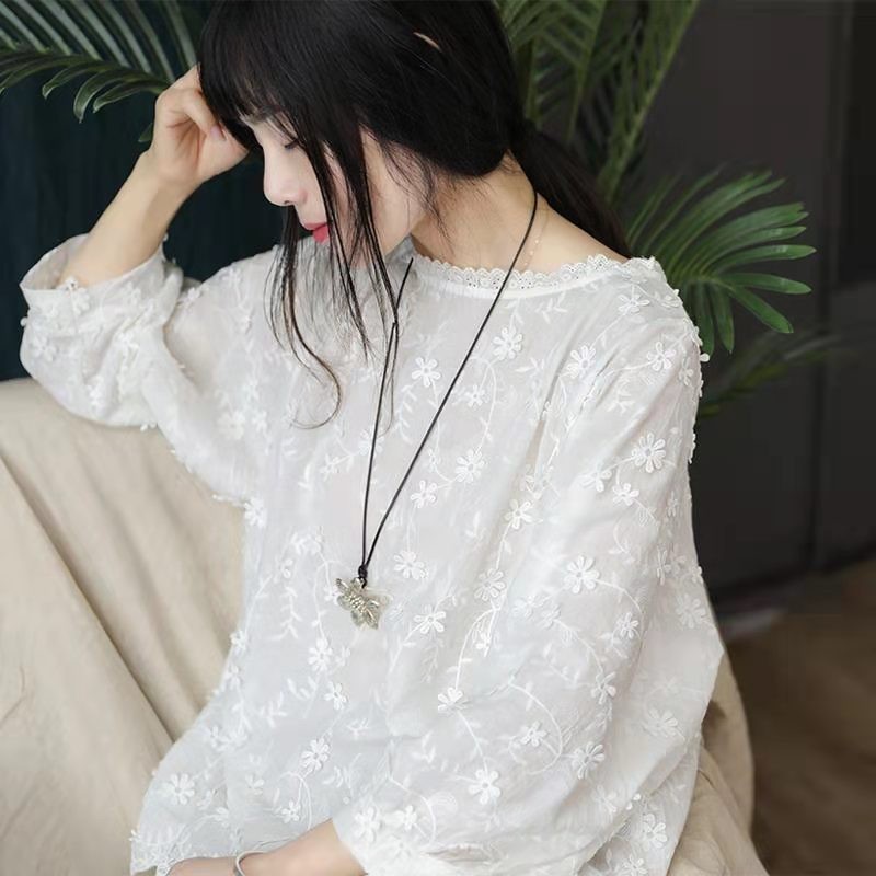 Arrival Summer Arts Style Women Loose Three Quarter Sleeve O-neck Blouse Cotton Pullover Embroidery Casual Shirts W354 210512