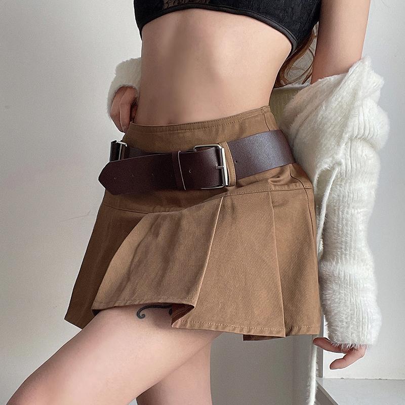 Skirts With Sashes Brown High-waisted Pleated Skirt Women Korean Style Fashion Belt Punk Streetwear Tennis Mini Female Iamty