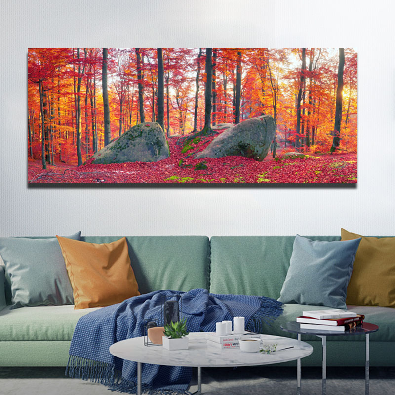 Modern Landscape Canvas Painting Autumn Maple Forest Sunrise For Living Room Decor Wall Pictures Paintings Poster and Prints Art