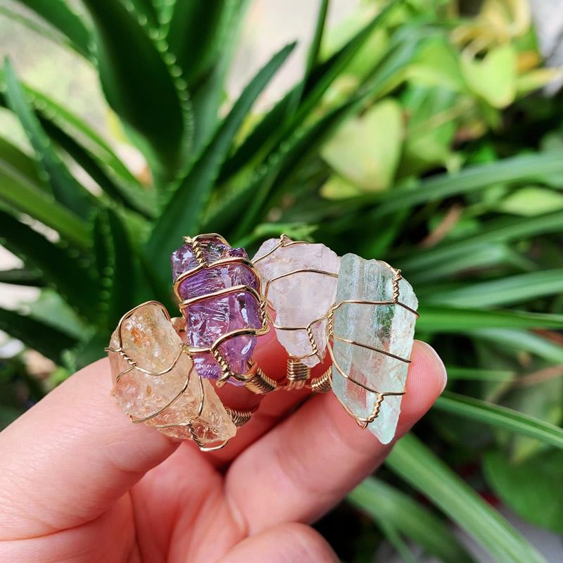 

Cluster Rings Reiki Healing Stone Cuff Open Adjustable Ring Natural Fluorite Crystal Clear Quartz Citrines Amethysts For Women Wedding