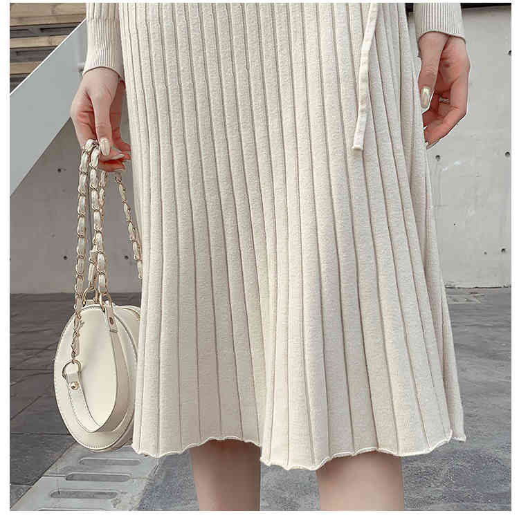 Solid O-Neck Woman Knitting Dress Autumn Winter Ribbon Long Sleeve Fashion Slim Women Midi Dresses D08203K 210416