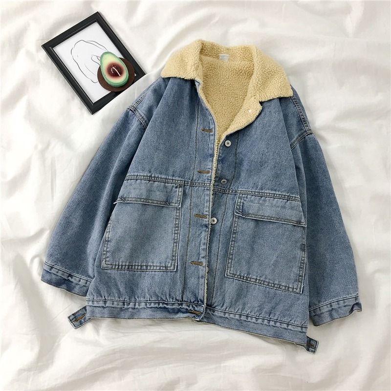 Thick Denim Jackets Lamb Wool Fashion Warm Patchwork Winter Women Jacket Korean Preppy Style Mujer Chaqueta 18709 210415