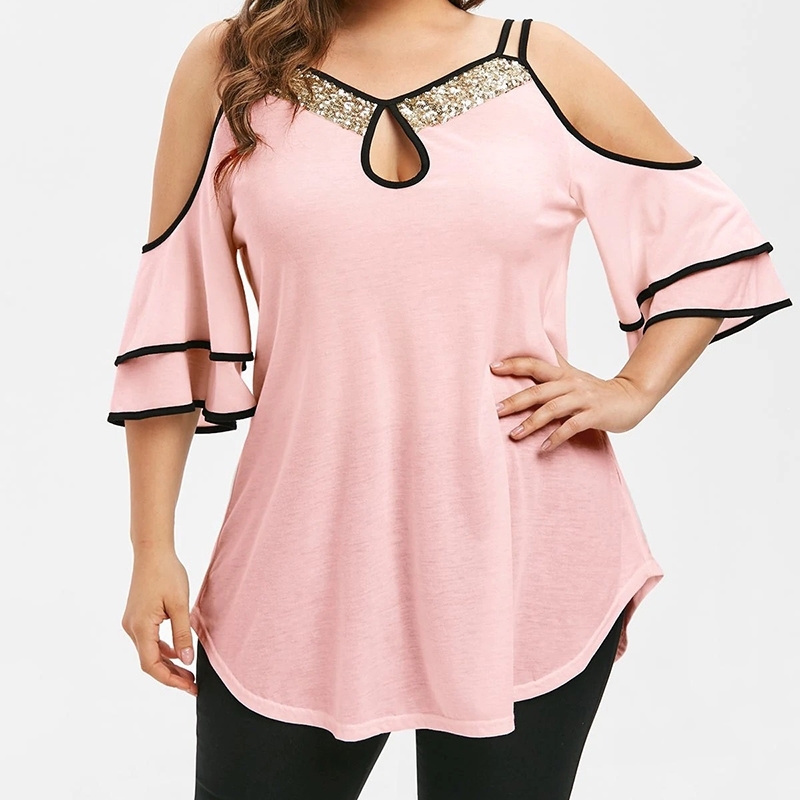 Womens Tops and Blouses Summer Sexy Off Shoulder Top Casual Half Sleeve Blouse Women Patchwork Sequin Shirt Blusa Plus Size T200720