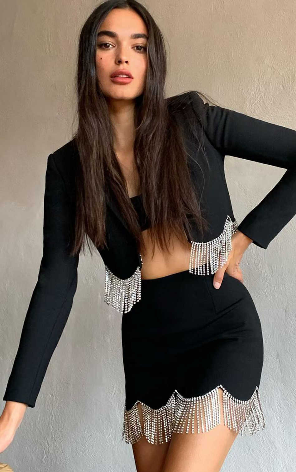 Summer Fashion Patchwork Tassel Suit Runway Ladies Long-Sleeved Short Top Line Skirt Black Two-Piece Female 210527