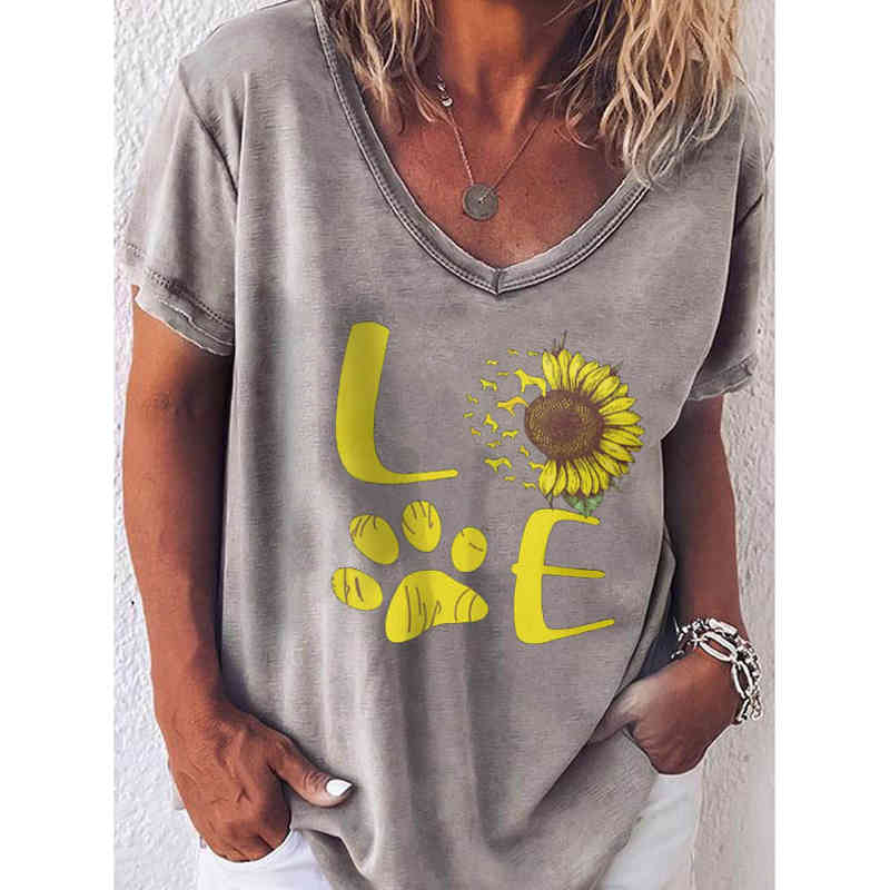 LOVE Cute Print T-shirts Women Summer Tops for Women Ladies Graphic Tshirt V-neck Short Sleeve t-shirt for women 210515